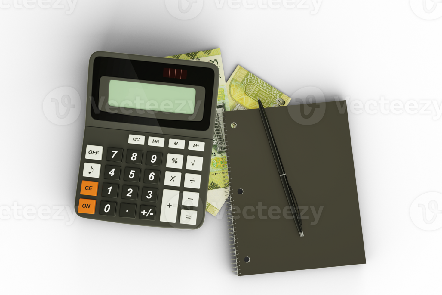 3D rendering of a composition of Jordanian Dinar notes, a calculator, a note book and a pen isolated on isolated background. Tax background design concept png