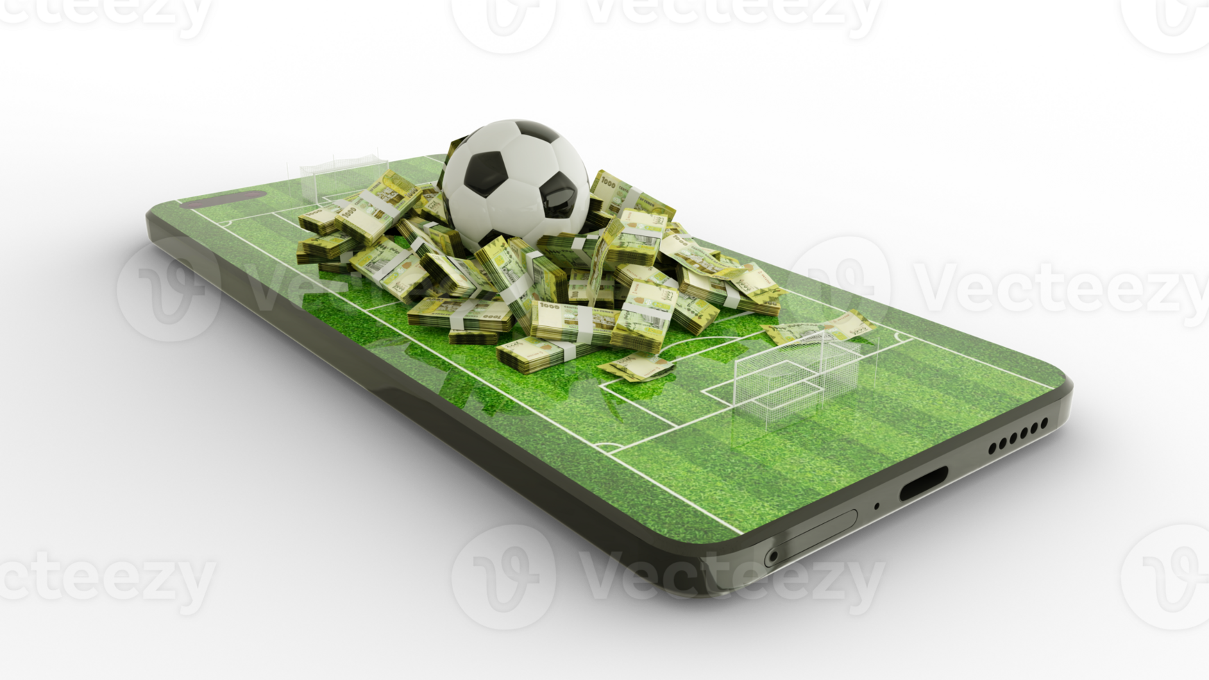 3d rendering of Mobile phone Soccer betting. Football and Yemeni Rial notes on phone screen. Soccer field on smartphone screen isolated on transparent background. bet and win concept png