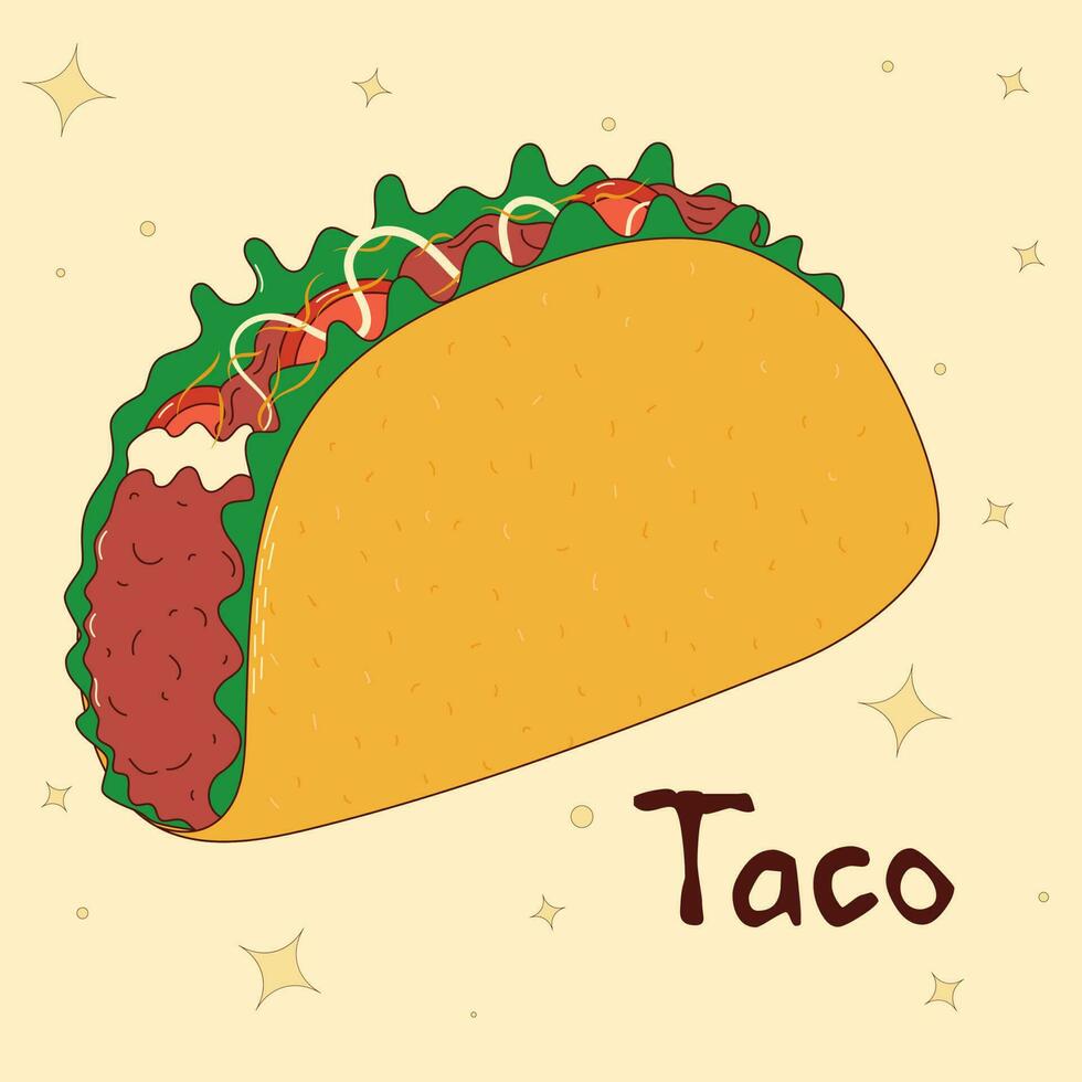 Mexican traditional food. Taco. Vector illustration in hand drawn style