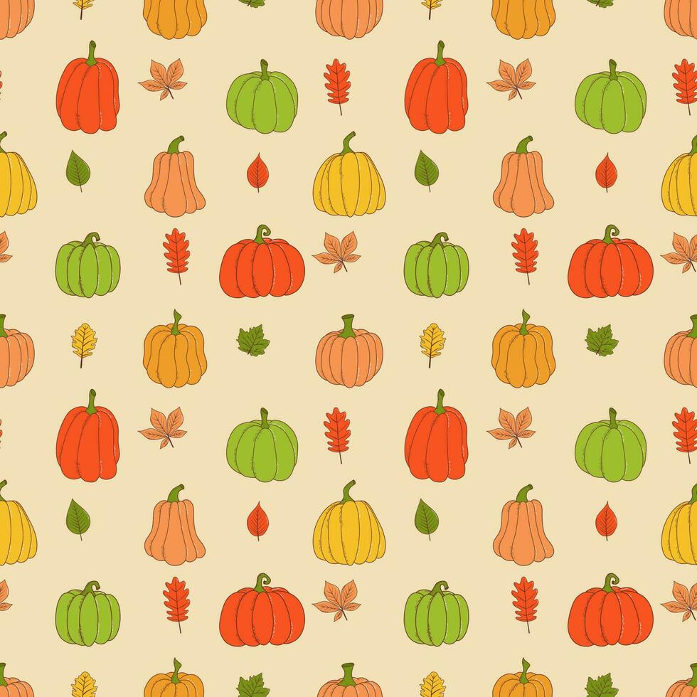 Cute pumpkin seamless pattern. Vector illustration in hand drawn style