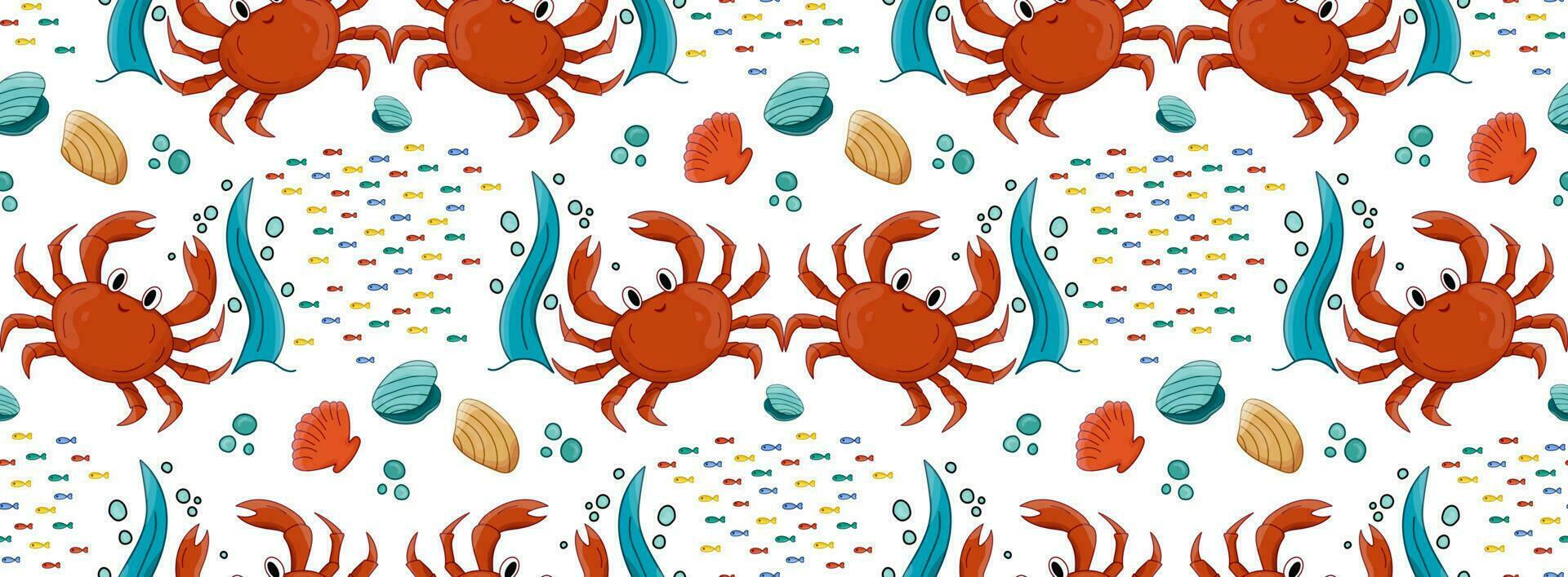 Crab red, school of fish, shell seamless vector pattern. Sea inhabitants. Marine Underwater animals.