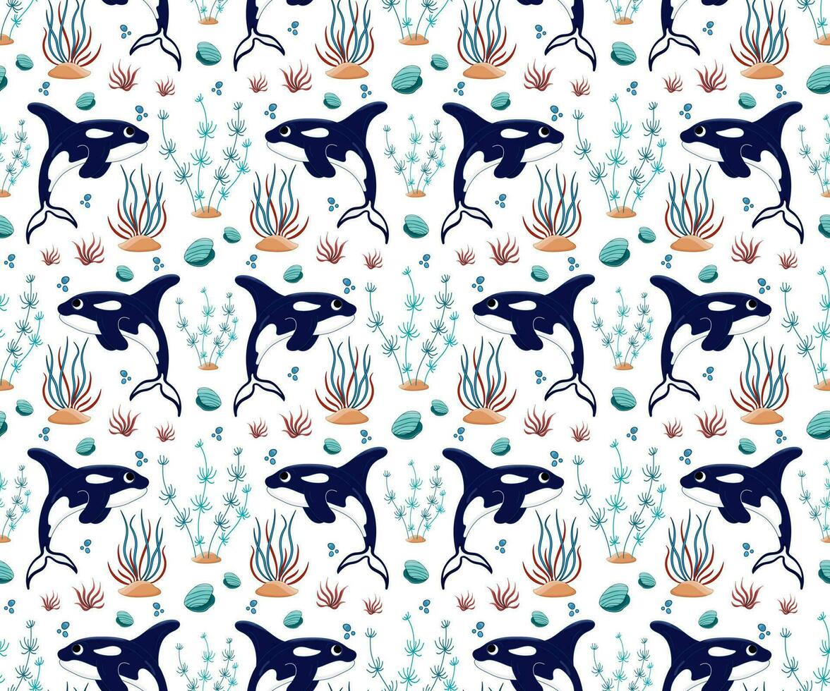 Killer whale and seaweed seamless vector pattern. Sea inhabitants Marine life. Underwater animals.