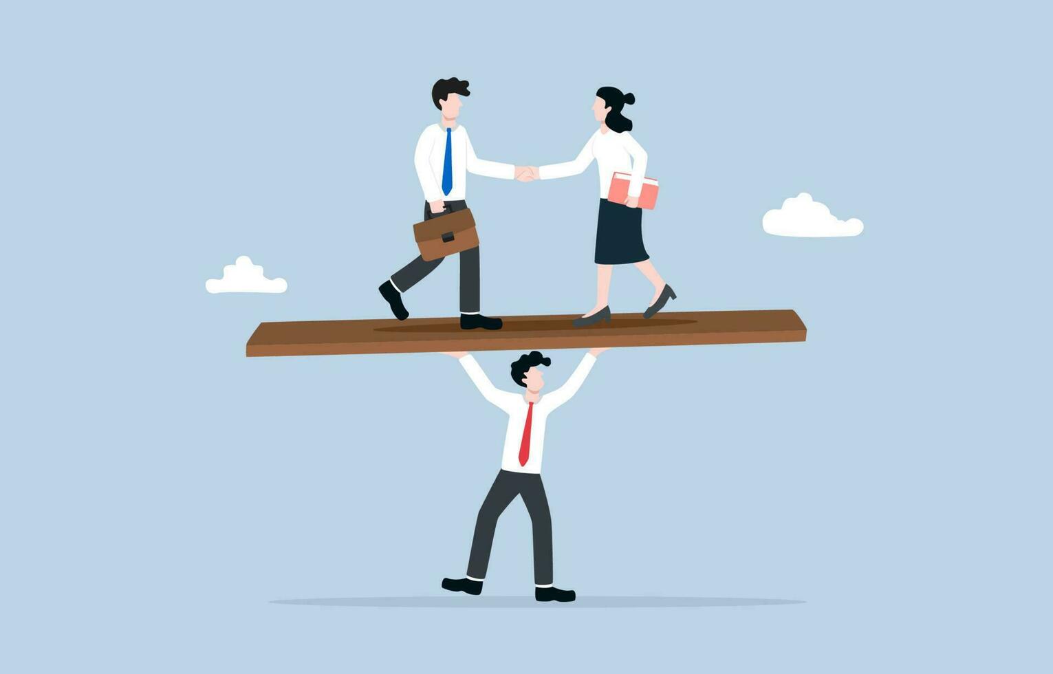 Business negotiation, mediation process, mutually beneficial resolution, communication and interpersonal skills concept, Businessman trying to balance negotiation partners on seesaw. vector