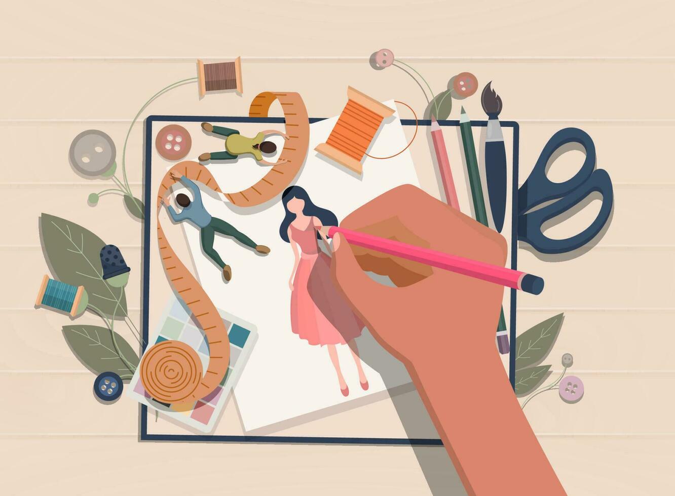 Fashion designer makes a sketch of clothes. Designing new collection in sewing studio. Clothing design concept. Creative atelier profession. Vector illustration