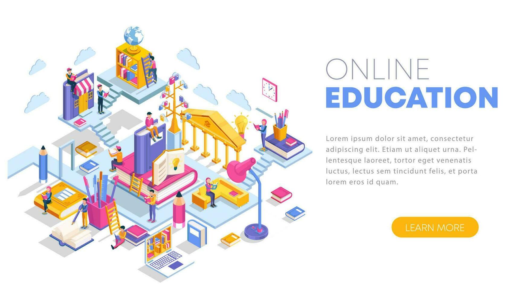 Modern flat design isometric concept of Online Education. Landing page template. Training courses, specialization, tutorials, lectures. Can use for web banner, infographics, and website. vector