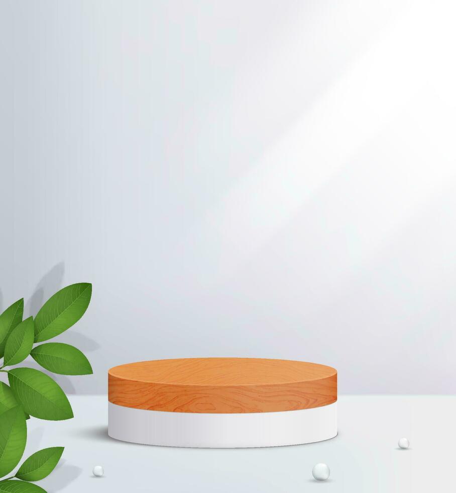 Abstract minimal scene with cylinder platform. Wood round podium in white background for cosmetic product presentation. 3d geometric pedestal vector. vector