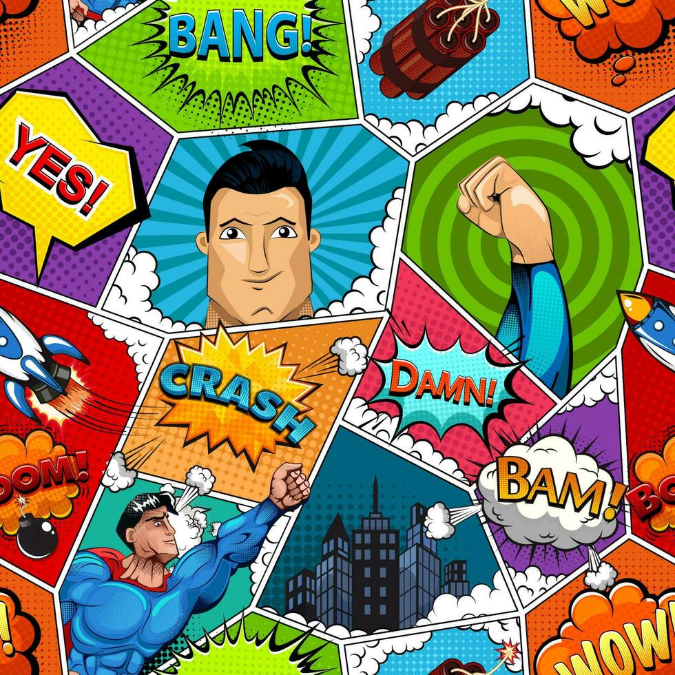 Comic book page divided by lines seamless pattern with speech bubbles, rocket, superhero and sounds effect. Vector illustration