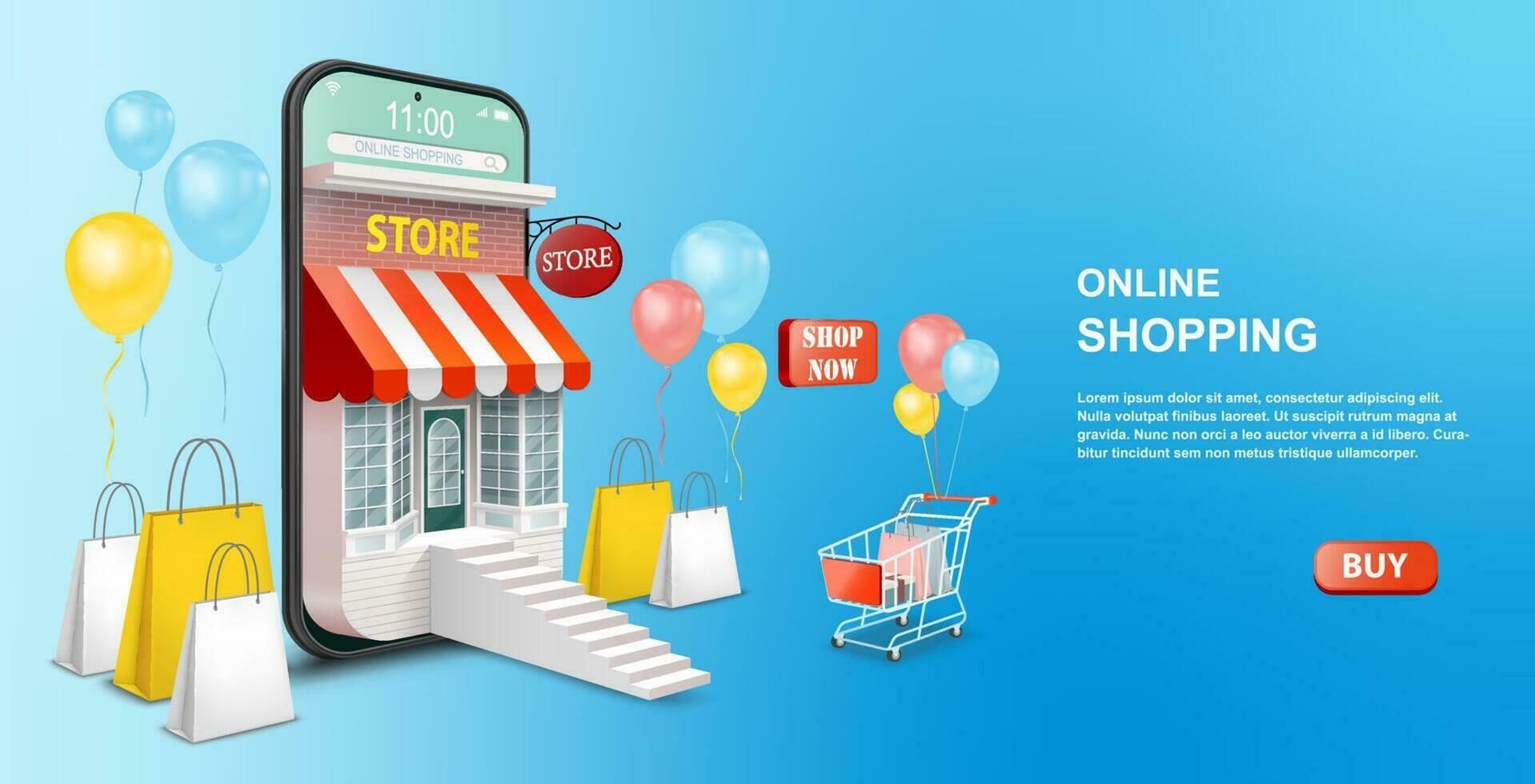 compras en línea en móvil teléfono solicitud o sitio web concepto. digital márketing promoción. teléfono inteligente como un Tienda 3d vector ilustración