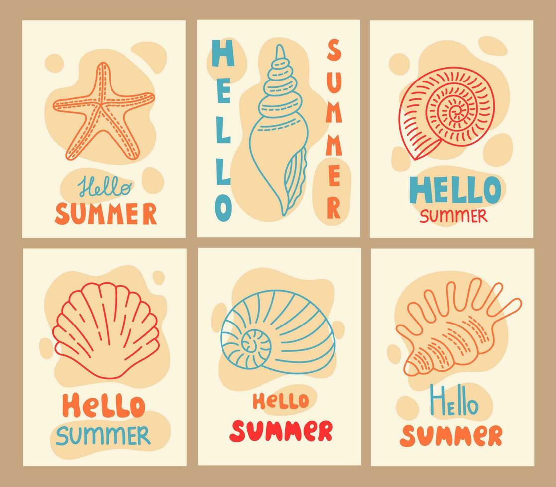 conchas marinas verano saludo carteles con letras vector