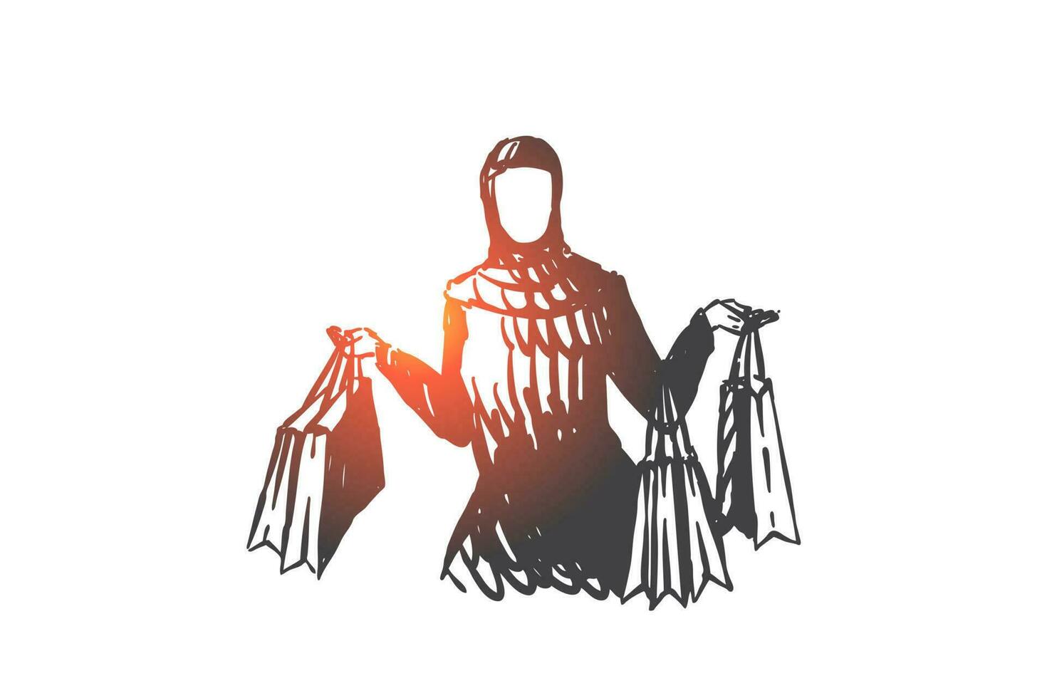 Muslim woman enjoying shopping concept sketch. Hand drawn isolated vector