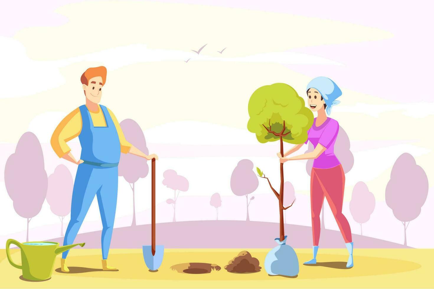 pareja, agricultura, jardinería, plantando, naturaleza concepto vector