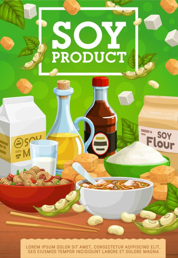 Soy products, soybean food of legume plant beans vector