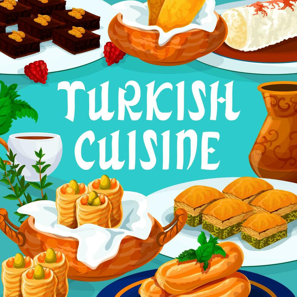 Turkish cuisine food, Turkey sweet desserts menu vector