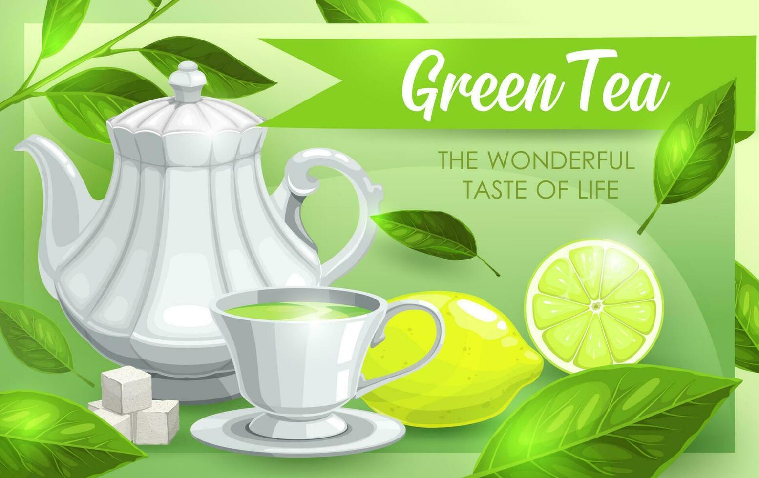 Green tea, lime and leaves, tea pot and cup vector