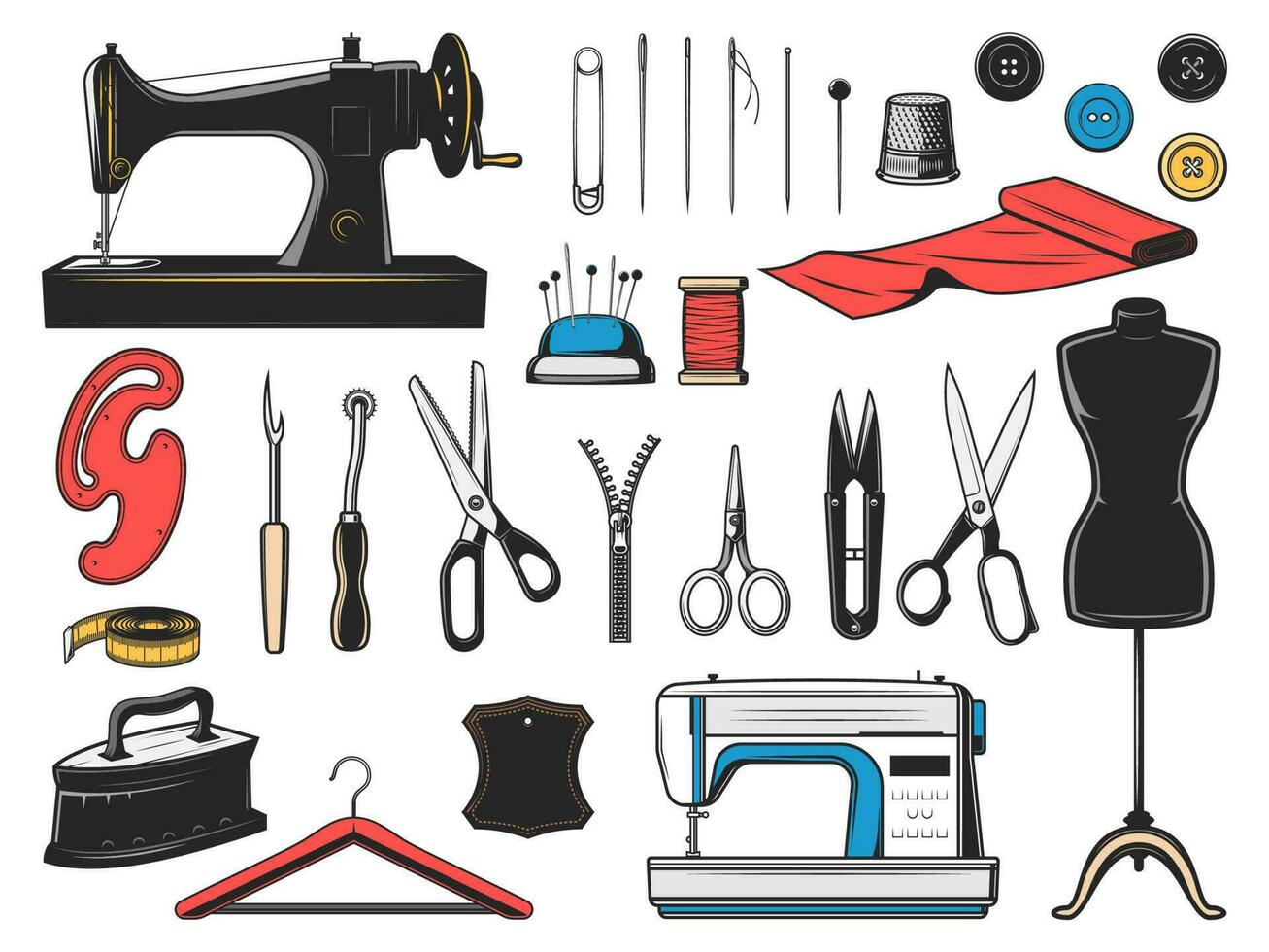 Sewing tool icons, tailor and dressmaker equipment vector