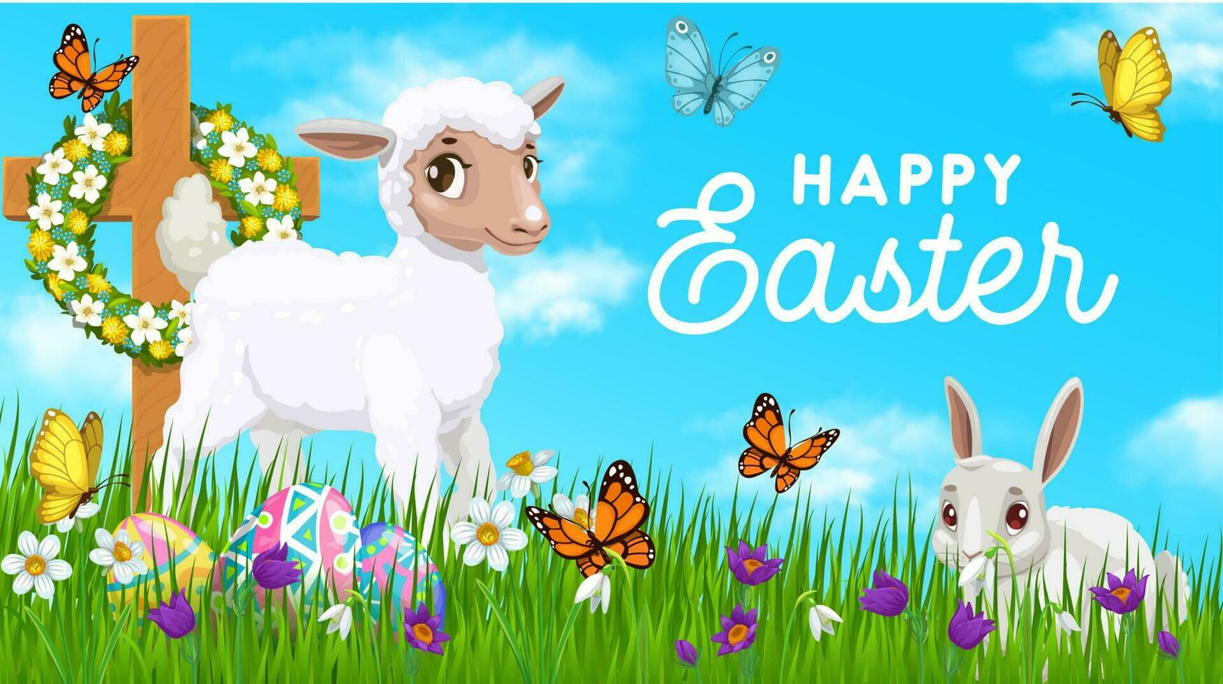 Happy Easter holiday poster with rabbit and sheep vector