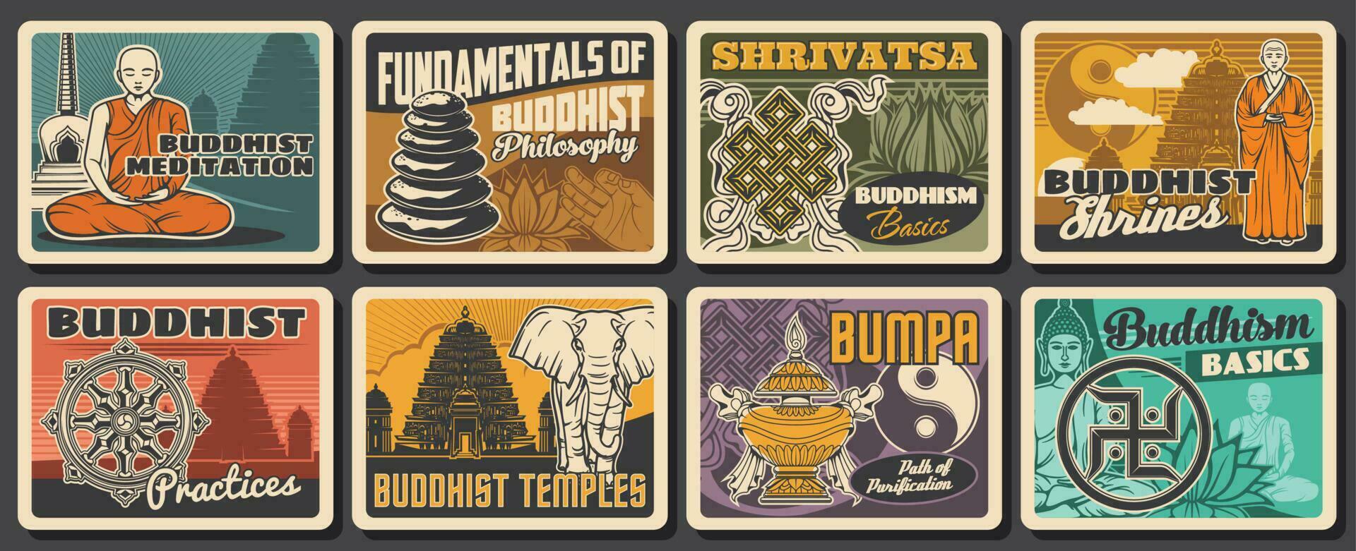 Buddhism religion, Buddhist meditation retro cards vector