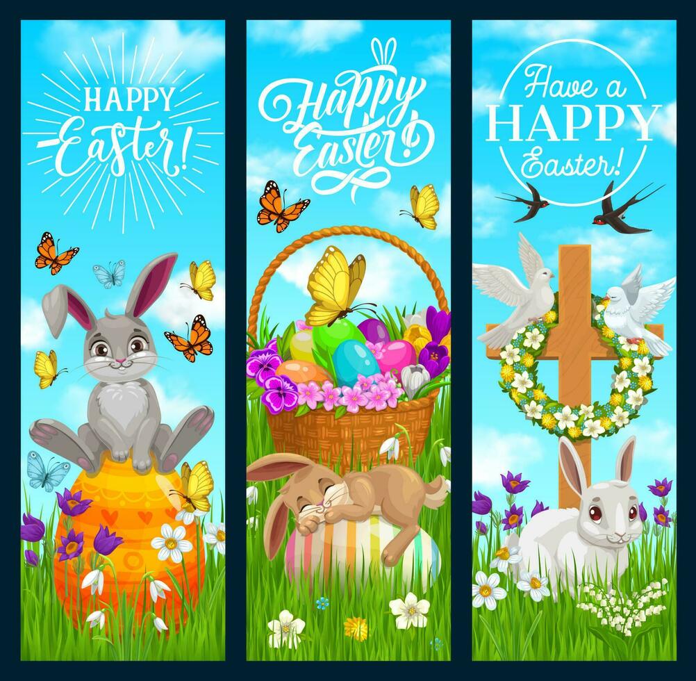 Happy Easter vector banners with cartoon bunnies