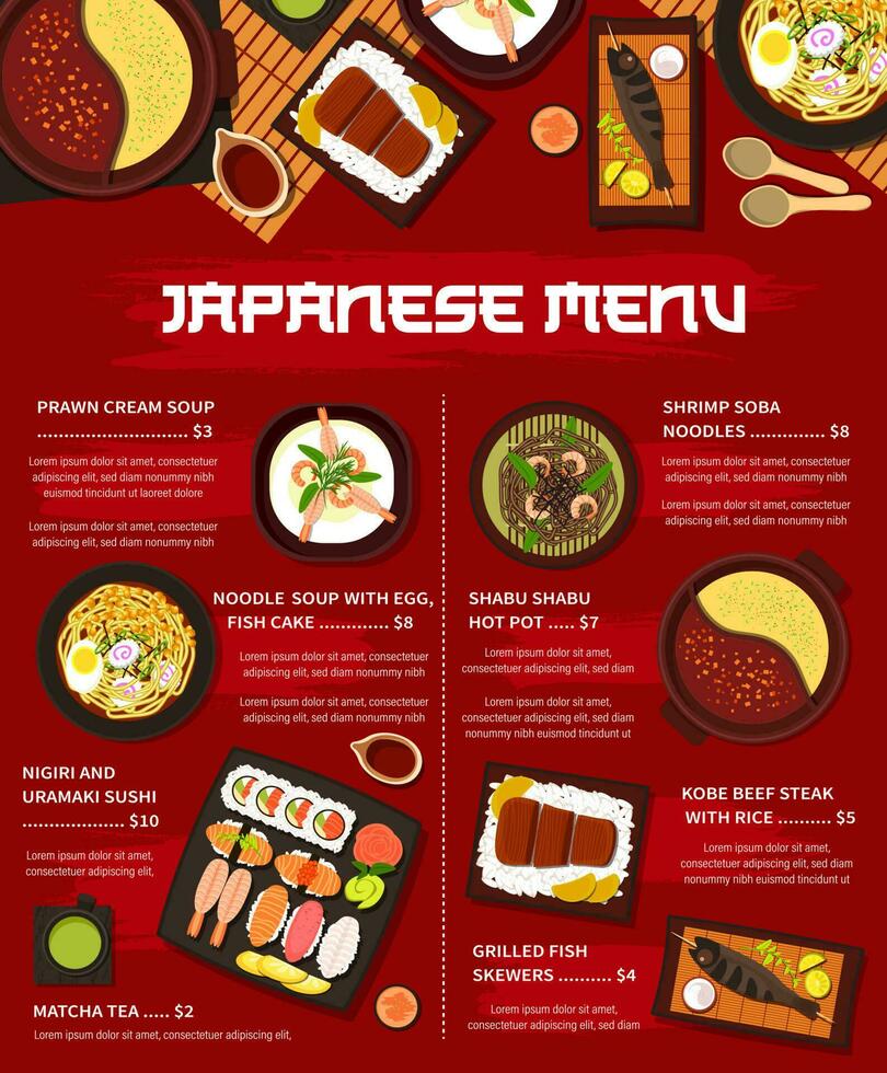 Japanese cuisine vector Japan meals cartoon menu