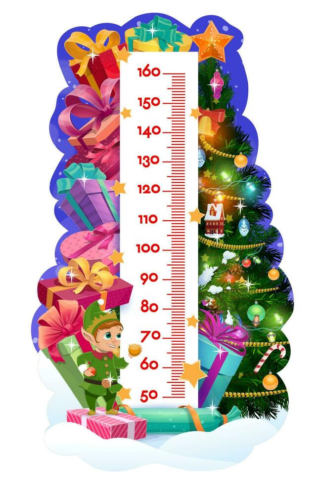 Kids height chart, Christmas tree, gifts and elf vector