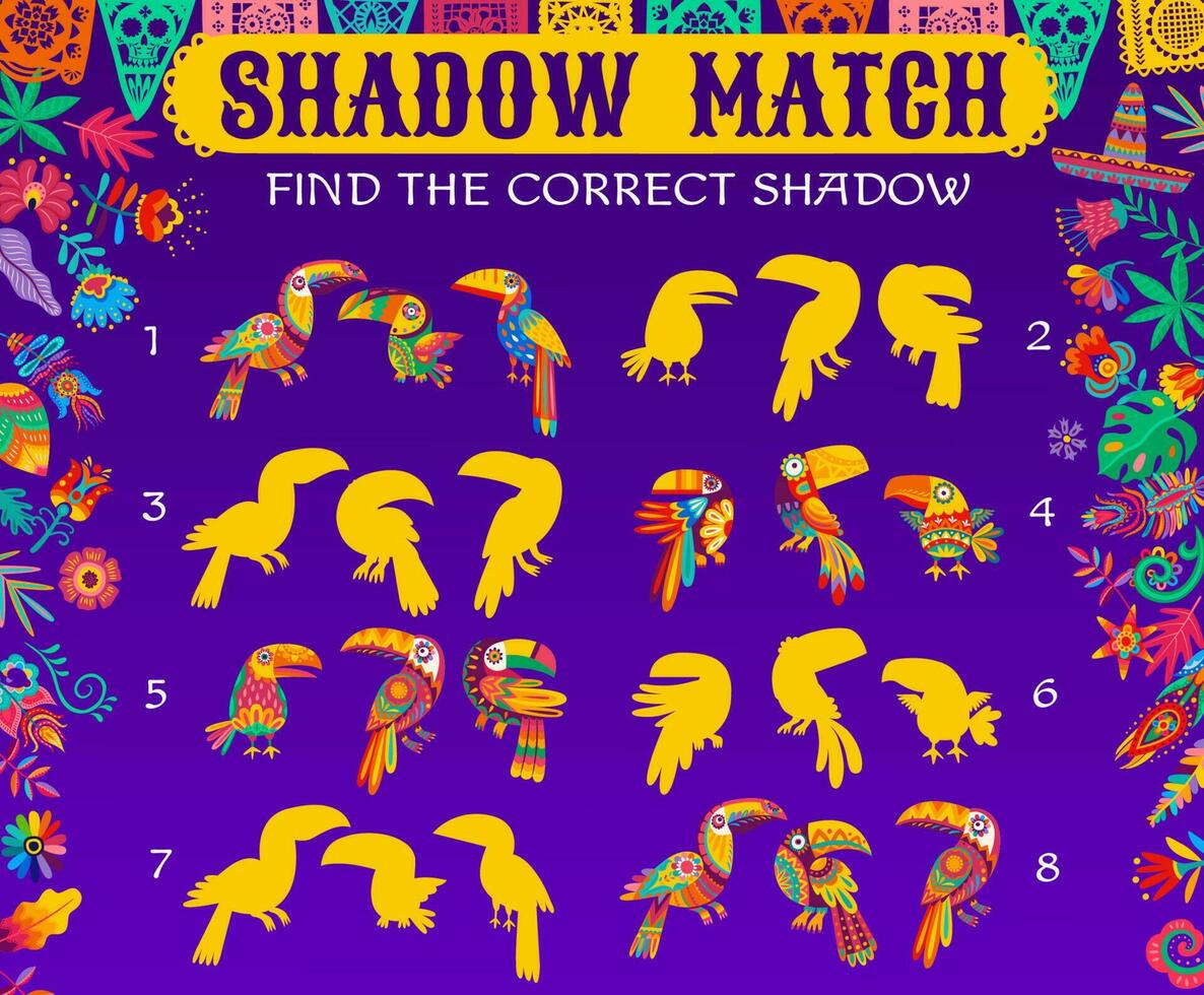 Mexican toucan silhouettes, shadow match kids game vector