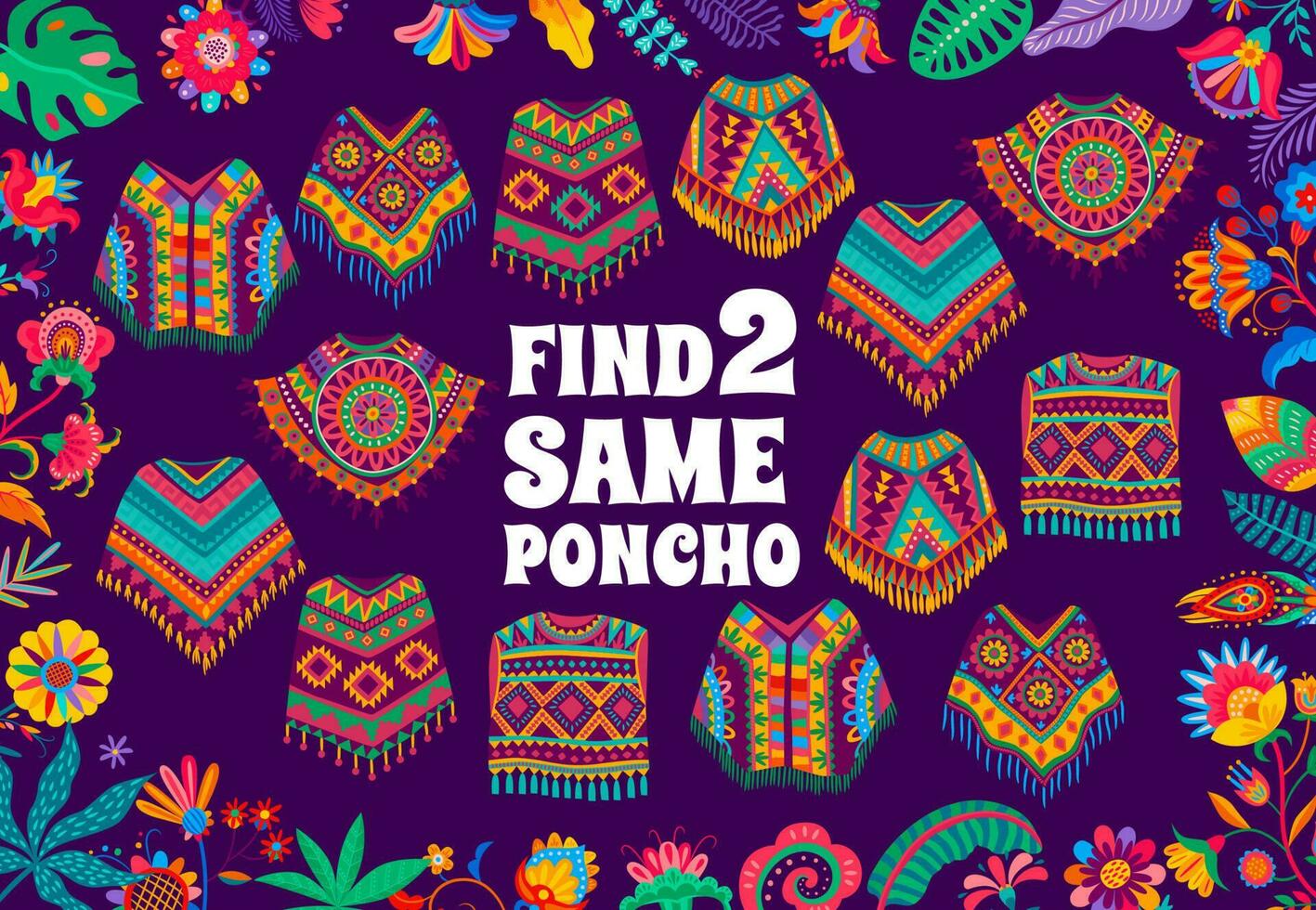 Find two same Mexican poncho, kids game quiz vector