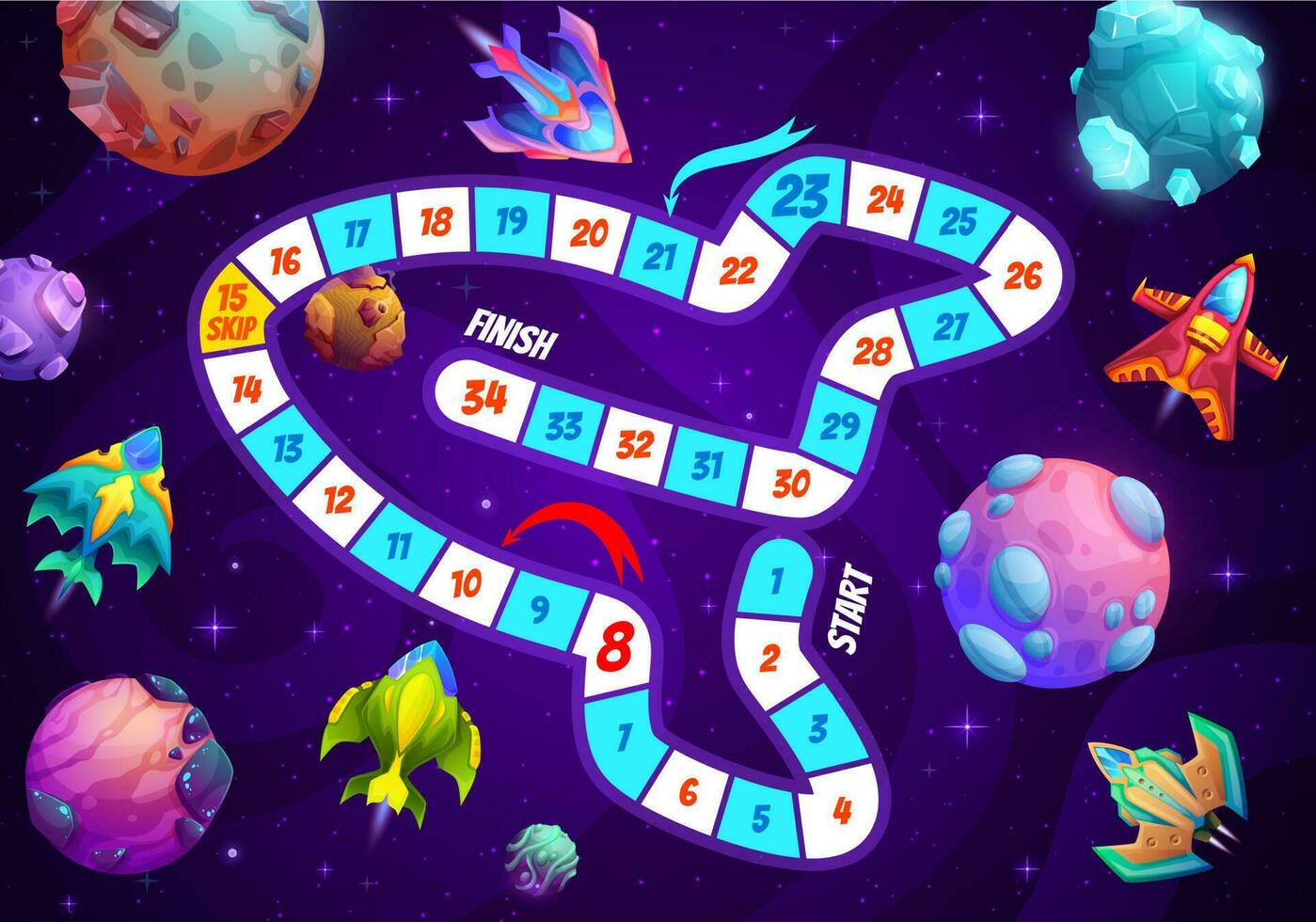 Kids step board game with galaxy planet, starship vector
