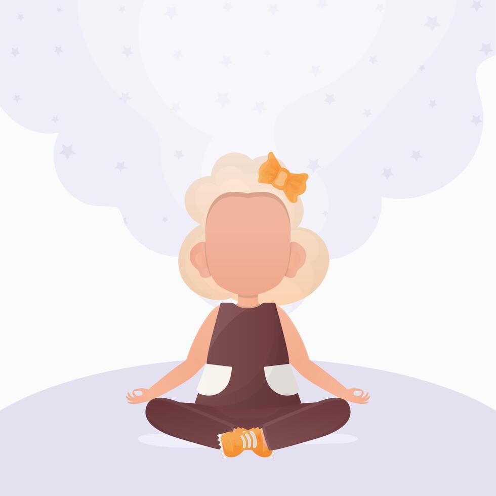 pequeño niña haciendo yoga en el loto posición. para niños meditación. vector ilustración en dibujos animados estilo.