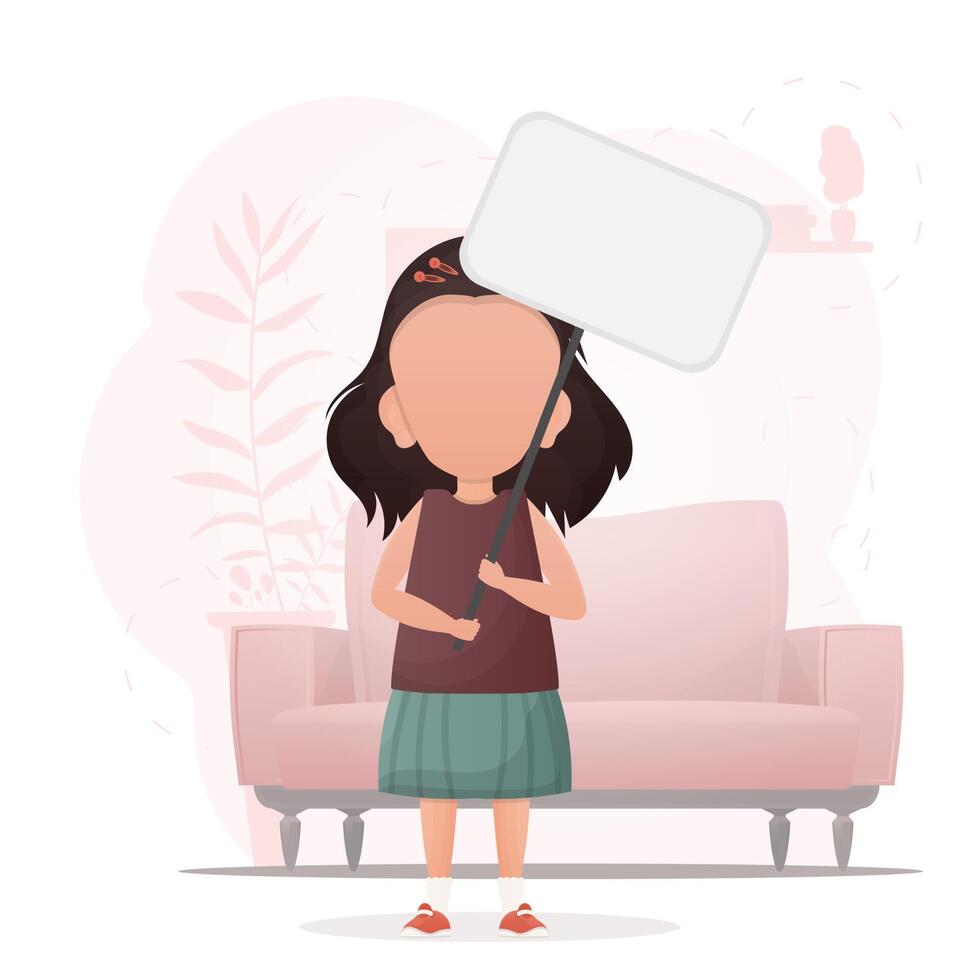 Child Girl with a blank poster for your text. Design in cartoon style. . vector