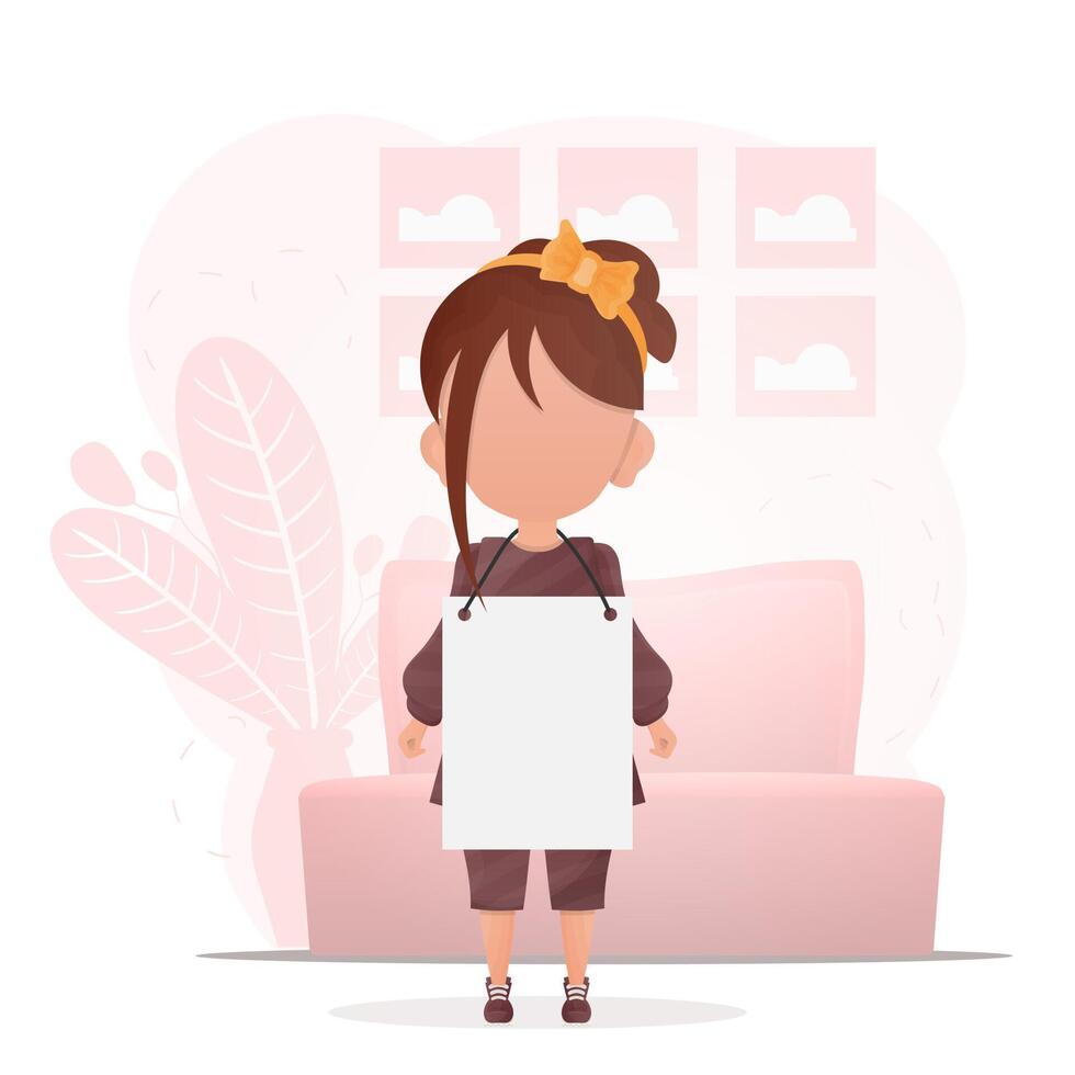 Little Girl with a blank banner for your text. Design in cartoon style. illustration. vector