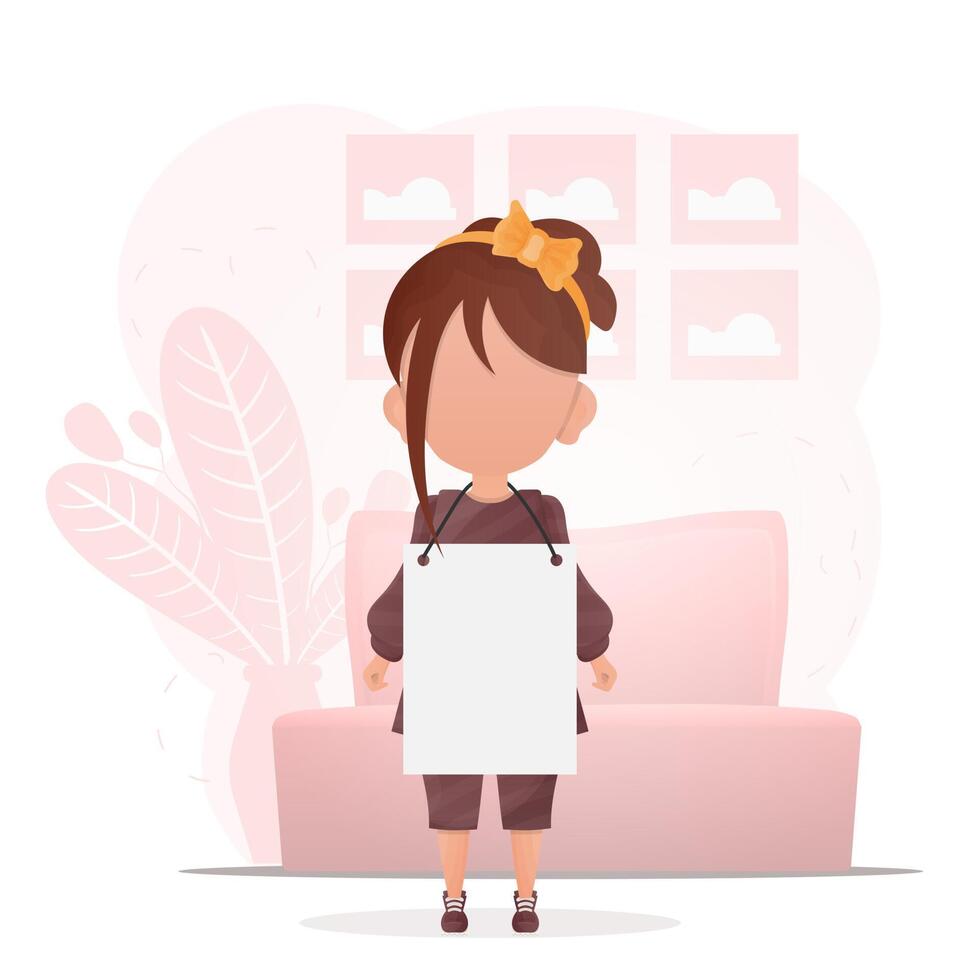 Little Girl with a blank banner for your text. Design in cartoon style. Vector illustration.