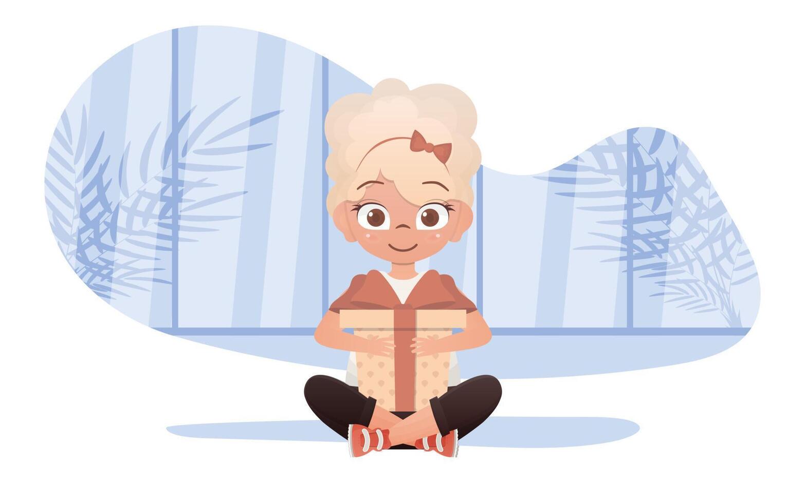 Little Girl sits in a lotus position with a gift in her hands. illustration. vector