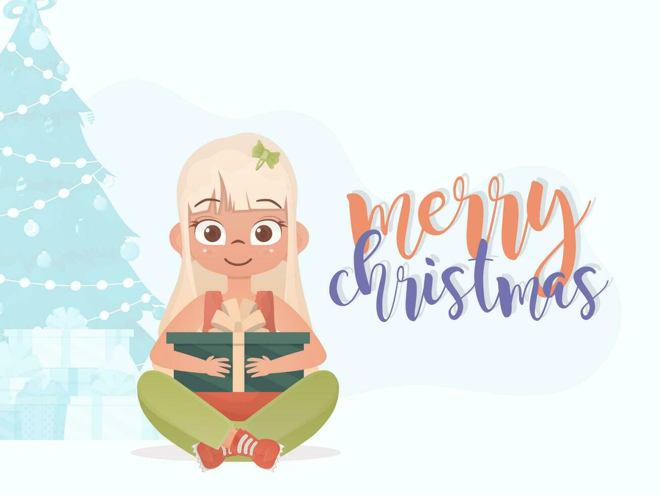 A little girl is holding a gift box. Merry christmas postcard. Cartoon style. vector