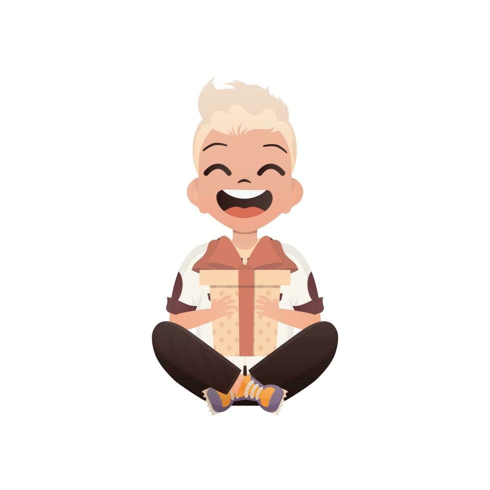 A small boy child is depicted in a lotus position and holds a gift box in his hands. Birthday, New Year or holidays theme. Isolated. Cartoon style. vector