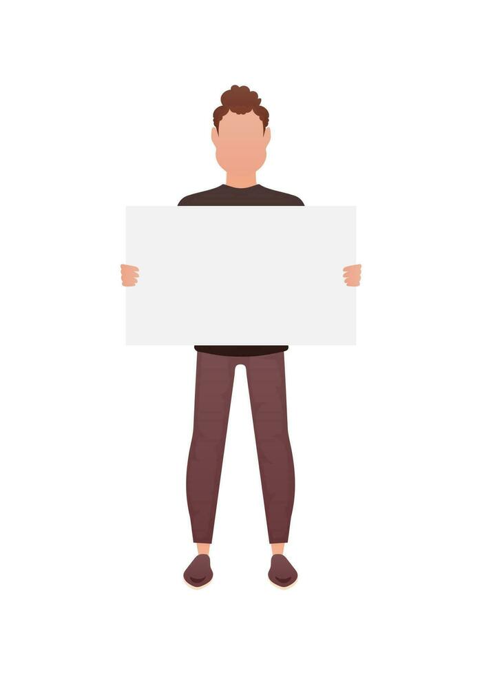 A man is in full growth and holds an empty space for advertising in his hands. Isolated. Cartoon style. vector