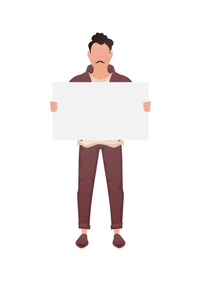 A guy with a strong physique stands in full growth and holds an empty banner in his hands. Isolated. Cartoon style. vector