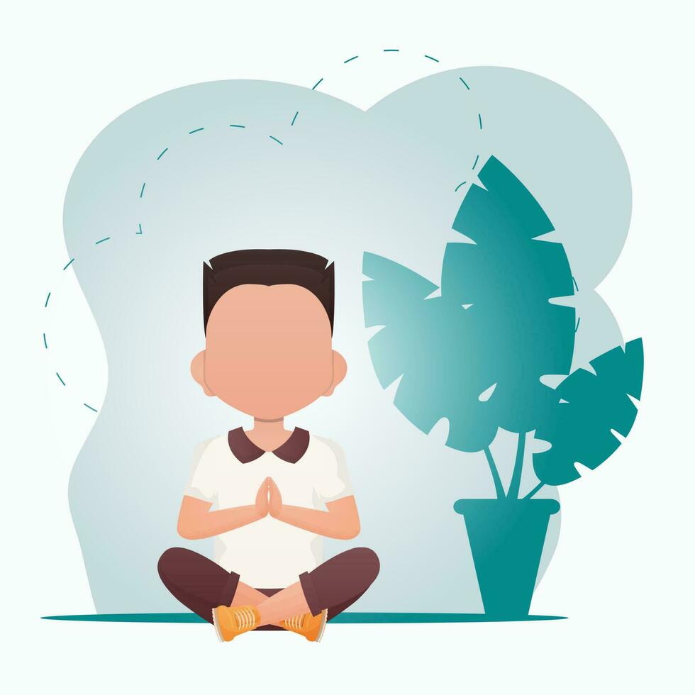 A cute little boy is meditating in the room. Healthy life concept. Cartoon style. Vector illustration.