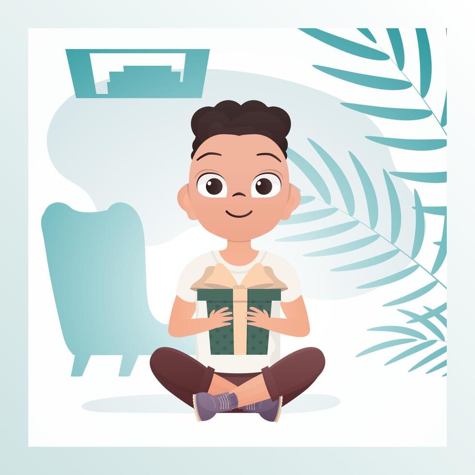 Smiling child boy sits in a lotus position and holds a box with a bow in his hands. Birthday, new year or holidays theme. Cartoon style. Vector illustration.