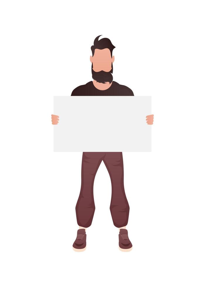 A guy with a strong physique stands in full growth and holds an empty space for advertising in his hands. Isolated. Cartoon style. vector