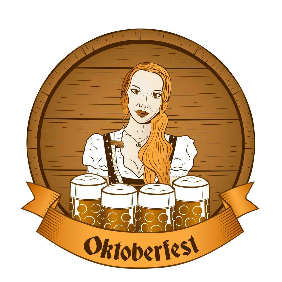 Oktoberfest label or banner with waitress and beer vector