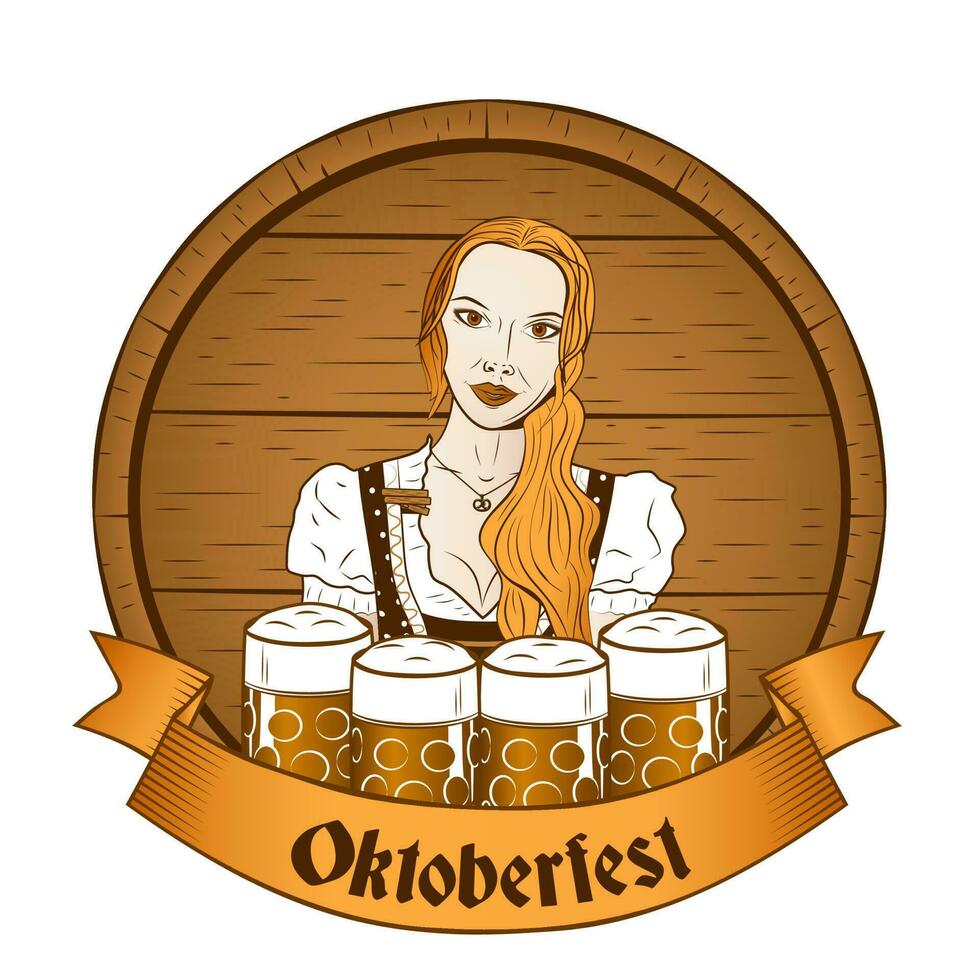 Oktoberfest etiqueta o bandera con camarera y cerveza vector