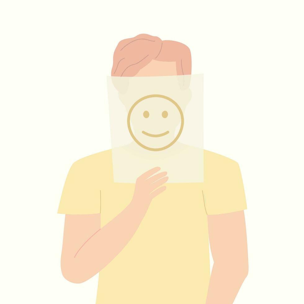 Young man, guy holding sheet with a emoticon. vector