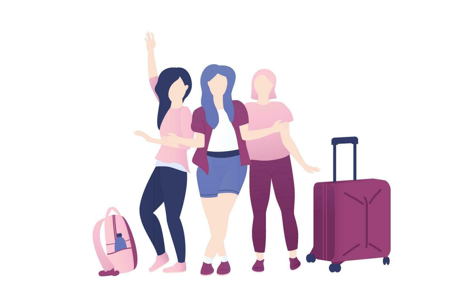 Female group of friends going to travel. vector