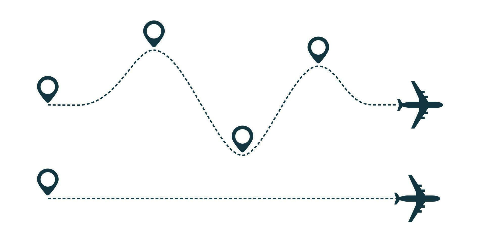 Airplane silhouette icon with dotted line path. vector