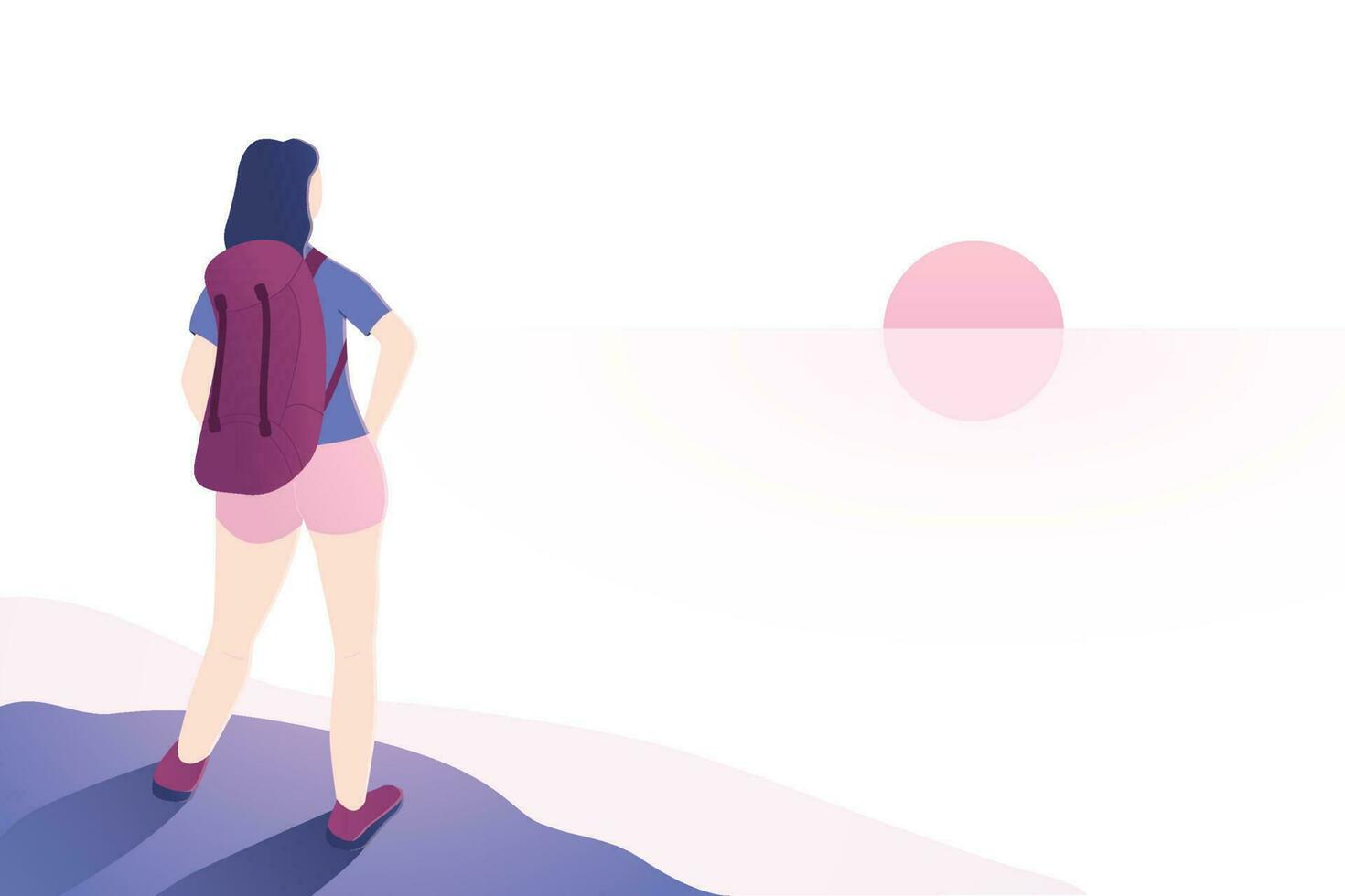 Hiking girl with backpack standing on the rock vector