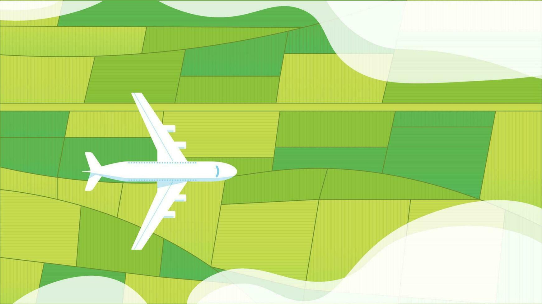 Passenger plane top view flying above green grassland. vector