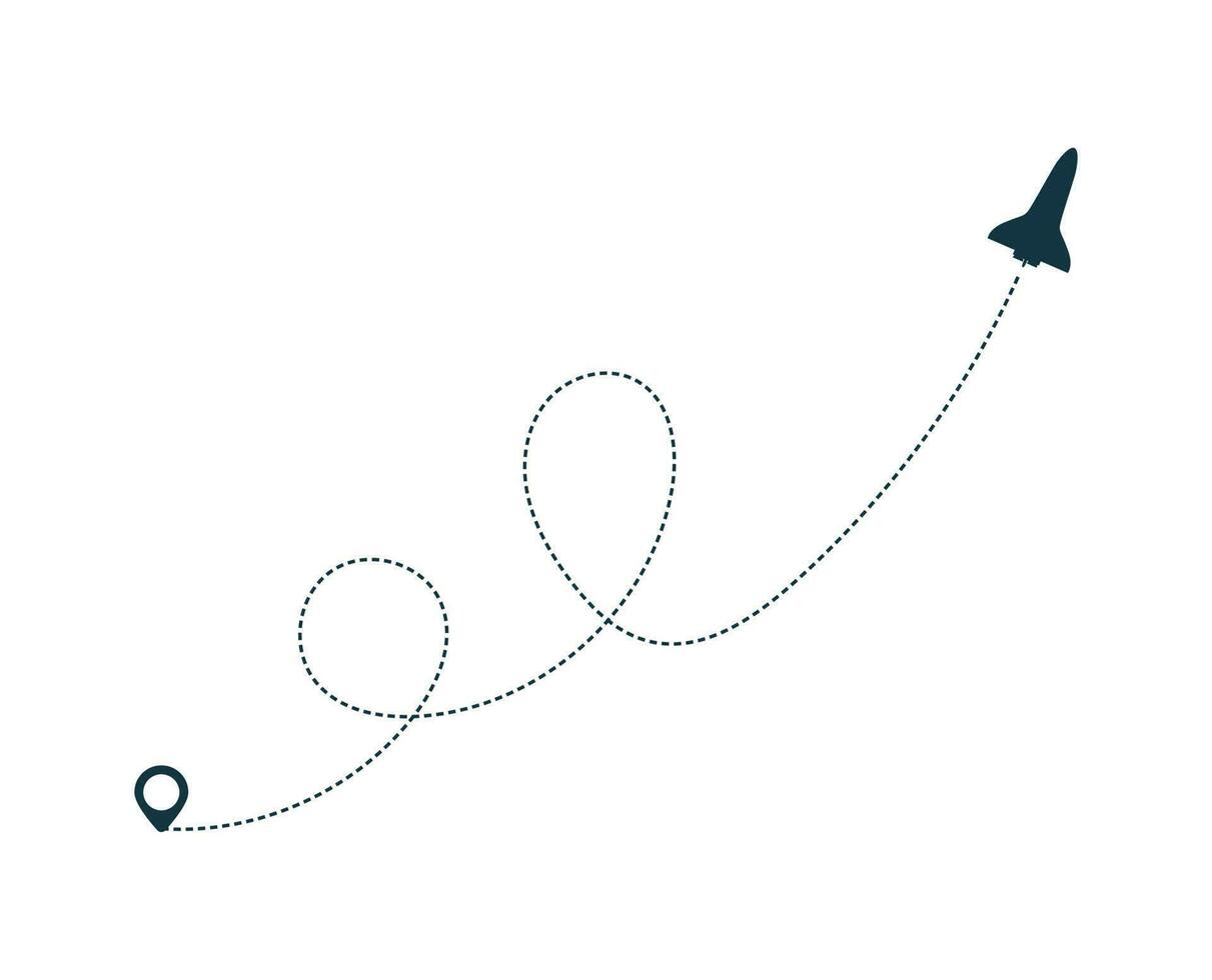 Spaceship silhouette icon with dotted line path. vector