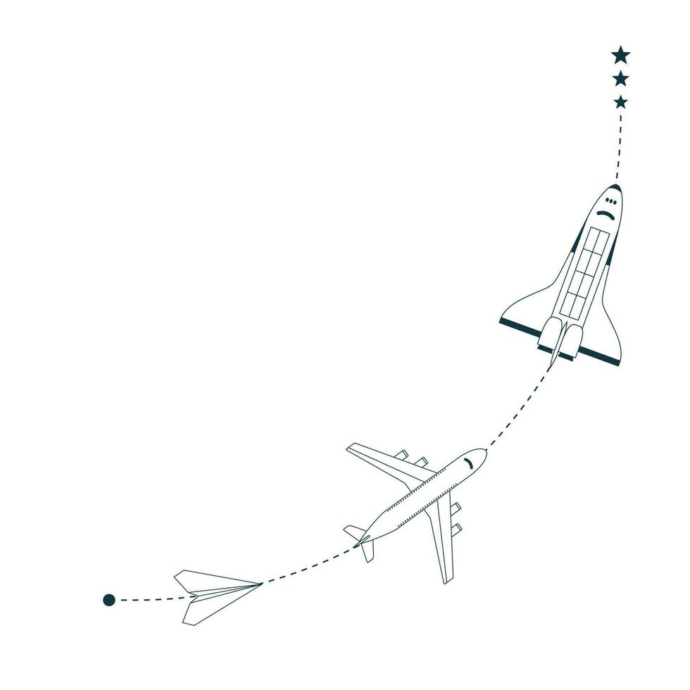 Progress, development, improvement illustration. Planes and shuttle flying through the pathway vector