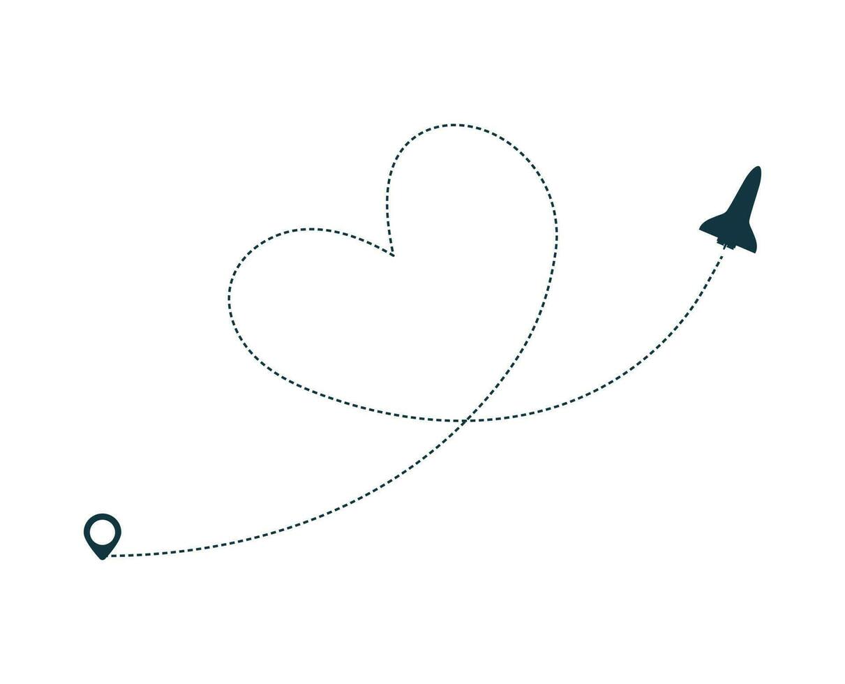 Spaceship silhouette icon with dotted line path. vector