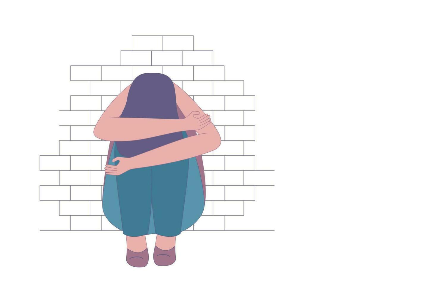 Depressed or upset girl sitting by the brick wall. vector